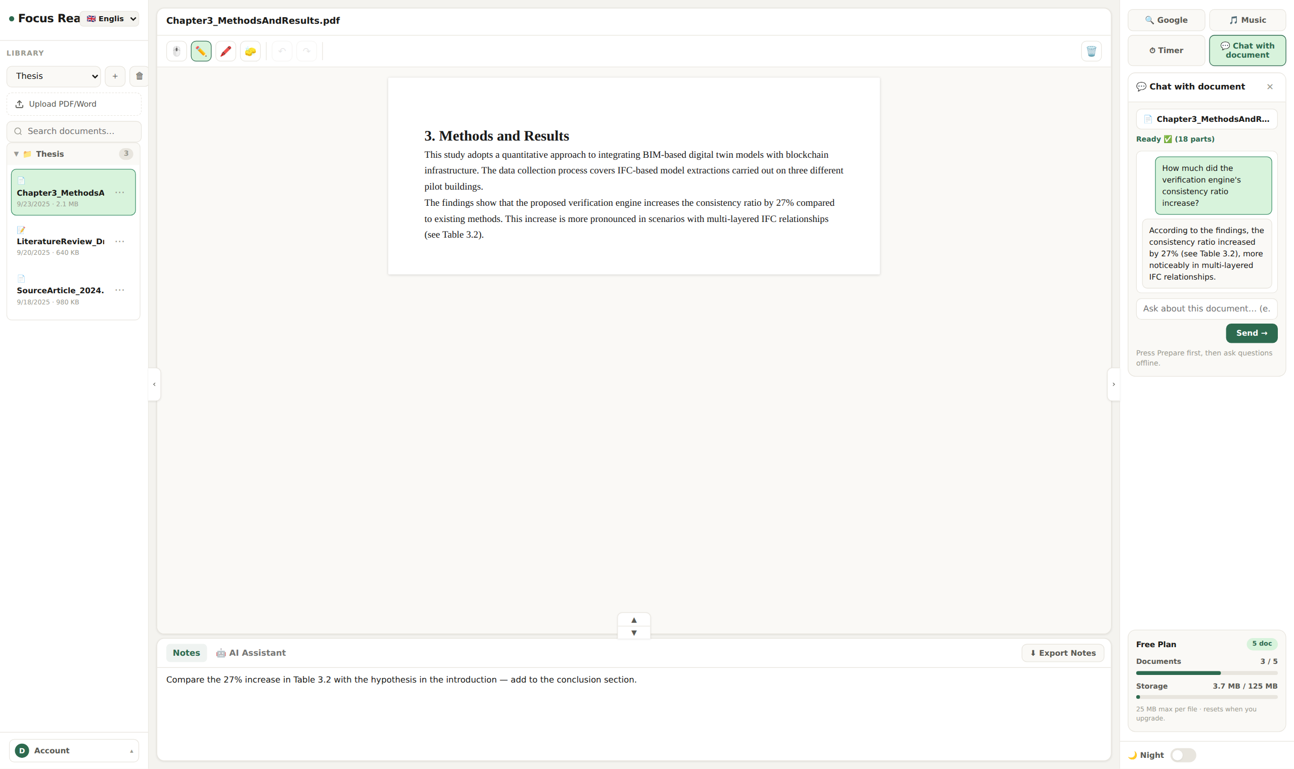 Focus Read screenshot: an open document next to the Chat with document panel